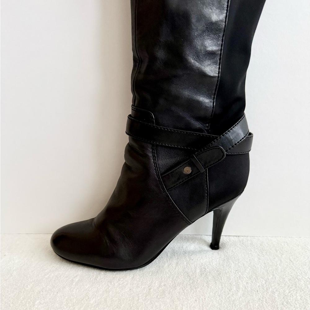 Nine West Black Leather Knee High Heel Boots Size 8.5 - Picture 3 of 12